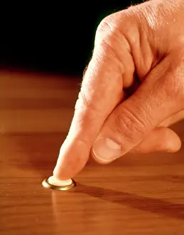 Doorbell: 1960s MALE HAND PUSHING WHITE CONTROL BUTTON