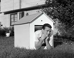 Doghouse: 1960s MAN IN DOGHOUSE IN BACKYARD RESTING ON