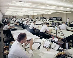 Drafting: 1960s OFFICE FULL OF DRAFTING TABLES DESIGNER