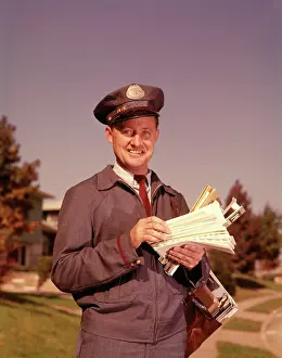 Mailmen: 1960s SMILING MAILMAN HOLDING LETTERS MAIL LEATHER
