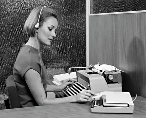 Dictaphone: 1960s Side View Of Secretary At