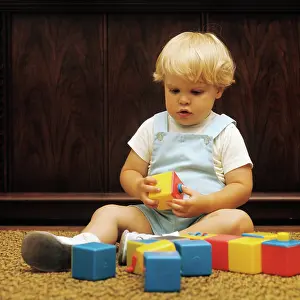 Figuring: 1970s blond boy toddler playing with