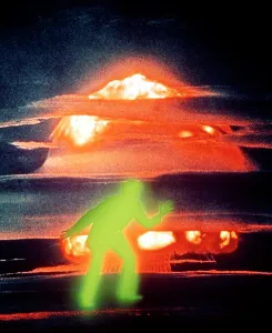 Eradication: 1970s glowing green shadow anonymous man against
