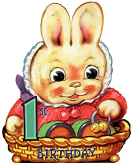 Bunny: 1st Birthday Card, Bunny Rabbit in Baby Clothes