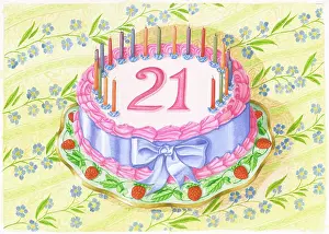 Strawberries: 21st Birthday Cake on flower pattern cloth