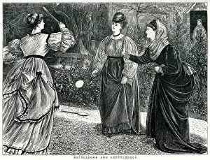 Battledore: 3 LADIES PLAY BATTLEDORE 1871