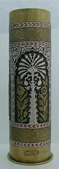 Damascene: 77 mm German engraved artillery shell case - Bezalel School
