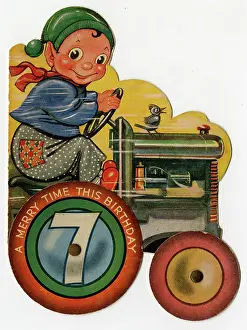 Seventh: 7th birthday card, boy on a tractor