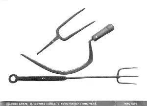Implements: (A.) Iron Grape, (B.)Toothed Sickle, (C.) for k for Roasting