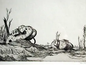 Strang: Abandoned tanks on a battlefield, WW1