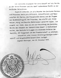 Abdicated: Abduction certificate of Emperor Wilhelm II, 1918