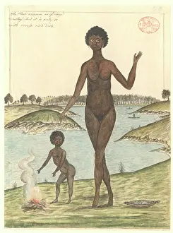 Aborigine: Aboriginal woman and child by a fire