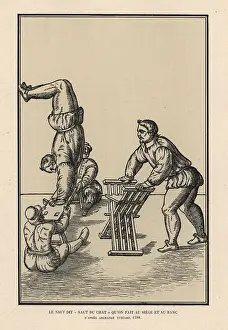 Somersault: Acrobat performing somersaults on a chair and bench