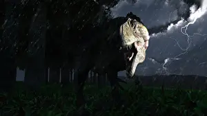 Awareness: Acrocanthosaurus dinosaur on a stormy night