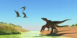 Pteranodon: Two Acrocanthosaurus dinosaurs drink from a stream