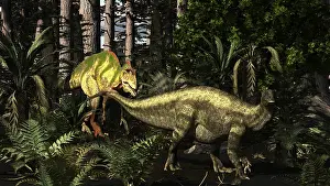 Ambush: Acrocanthosaurus hunting Tenontosaurus in a forest