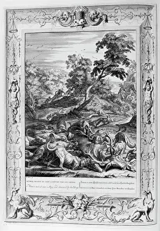 Represented: Acteon devoured by hunting hounds. Engraved illustration