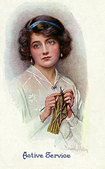 Active Service - WW1 knitting postcard by Harold Copping