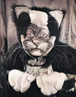 Panto: Actress Freda Wyn in cat costume for a pantomime