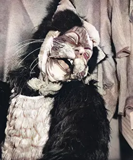 Panto: Actress Freda Wyn in cat costume for a pantomime