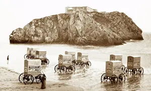 Tenby: Advertising Beecham's Pills - bathing machines, Tenby, Wales
