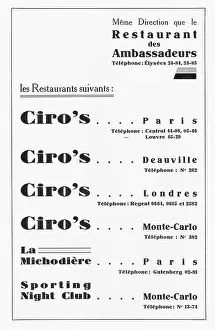 Ciros: Advert for Ciro's restaurant chain, 1930