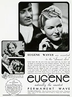 Coiffures: Advert for Eugene permanant hair waves & curls 1938