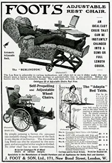 Propelling: Advert fo J. Foot & Son - adjustable rest, wheel chair 1914