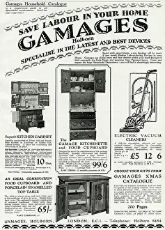 Kitchenette: Advert for Gamages kitchen cabinets 1929