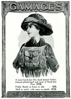 Muffs: Advert for Gamages lizard skin accessories 1909