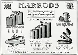 Corkscrew: Advert for Harrods service flasks and knives 1915