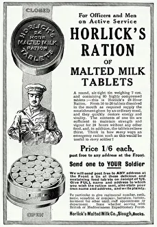 Malted: Advert for Horlick's ration of malted milk tablets 1916