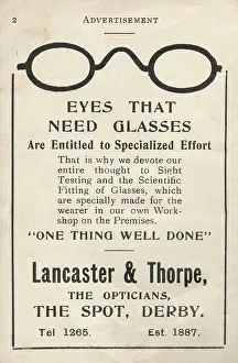 Opticians: Advertisement for Lancaster & Thorpe opticians, Derby