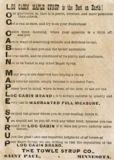 Syrup: Advert for Log Cabin Maple Syrup, Towle Syrup Co