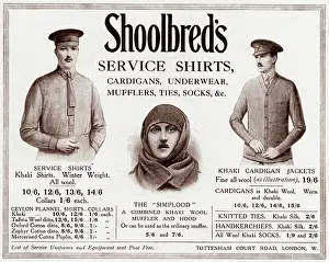 Cardigans: Advert for Shoolbred's service clothing 1915
