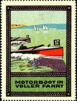 Motorboats: Advertising stamp Motor boat at full speed
