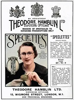 Opticians: Advert Theodore Hamblin, fold-away spectacles 1937