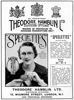 Opticians: Advert Theodore Hamblin, fold-away spectacles 1937