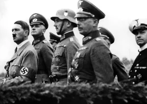 Infantery: Adolf Hitler with generals at a troop parade, 1934