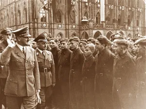Sauckel: Adolf Hitler greets a formation lined up in Weimar
