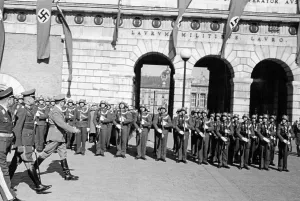 Announced: Adolf Hitler in front of the guards of honor, 1938