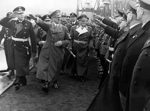 Dockyard: Adolf Hitler at a launch of an aircraft carrier 1938