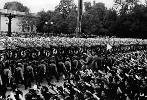 Fascio: Adolf Hitler and Mussolini with SA standards, 1937