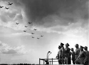 Zeppelinfeld: Adolf Hitler and others observe flight of planes