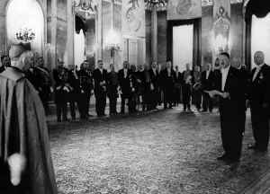 Diplomats: Adolf Hitler speaking at a diplomatic reception, 1934