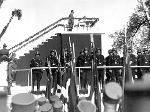Aimed: Adolf Hitler speaks to the SA