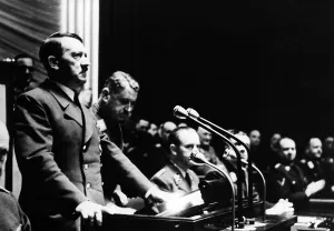 Lectern: Adolf Hitler during his speech on the declaration
