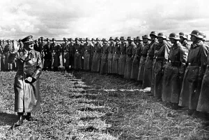 Fuhrer: Adolf Hitler visiting an SS battalion to congratulate them o