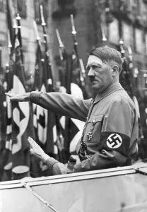 Nurembergs: Adolf Hitler welcomes a parade of SA, 1937