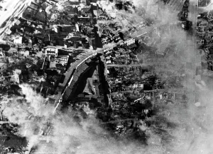 Swamps: Aerial view of the burning Vitebsk, 1941
